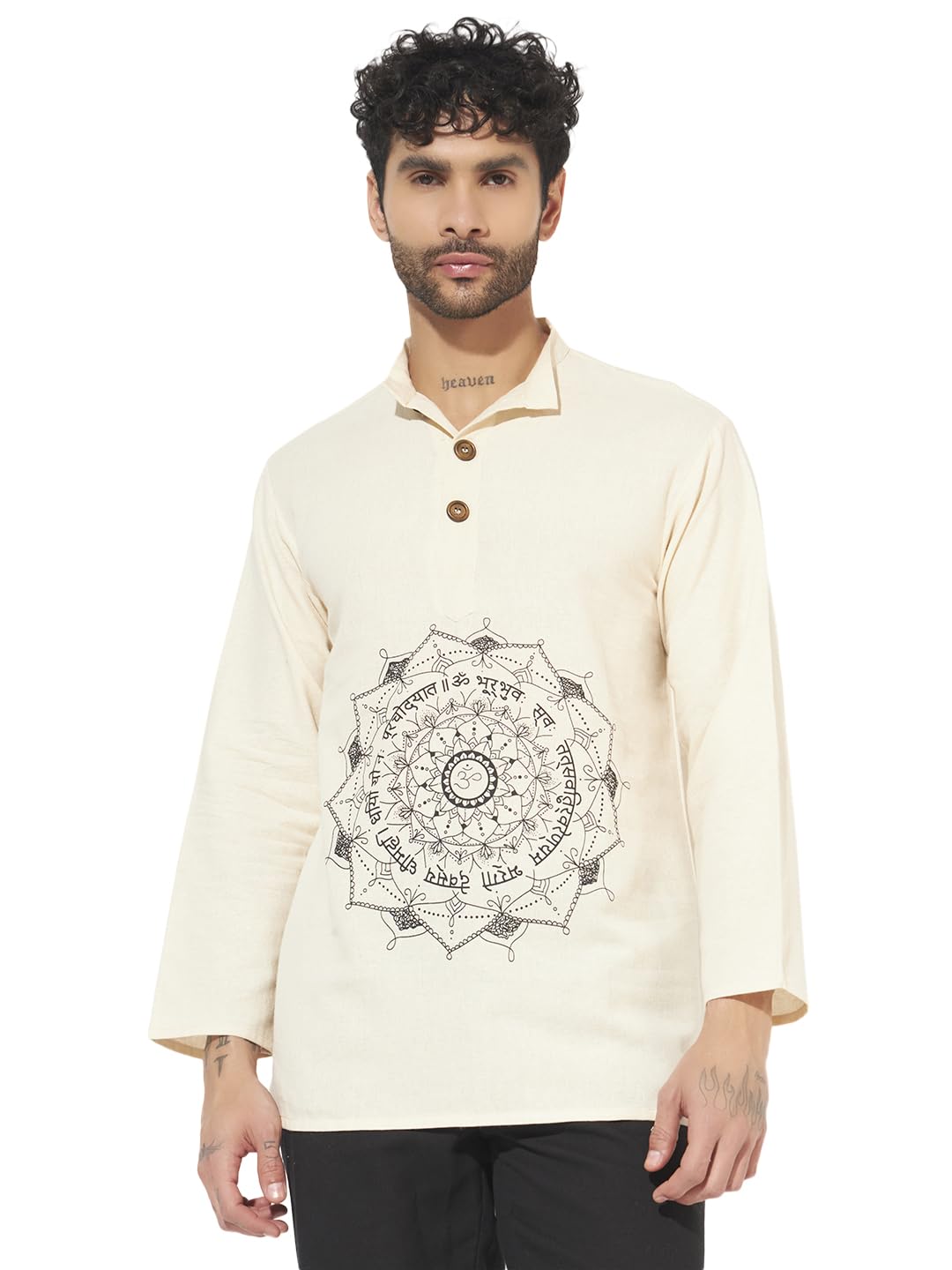 Men’s Casual Cotton Loose Fit Oversized Short Kurta/Shirt | Mandarin Collar Printed Kurta for Men | Half Sleeve Ethnic Casual Wear | Beige-image-11
