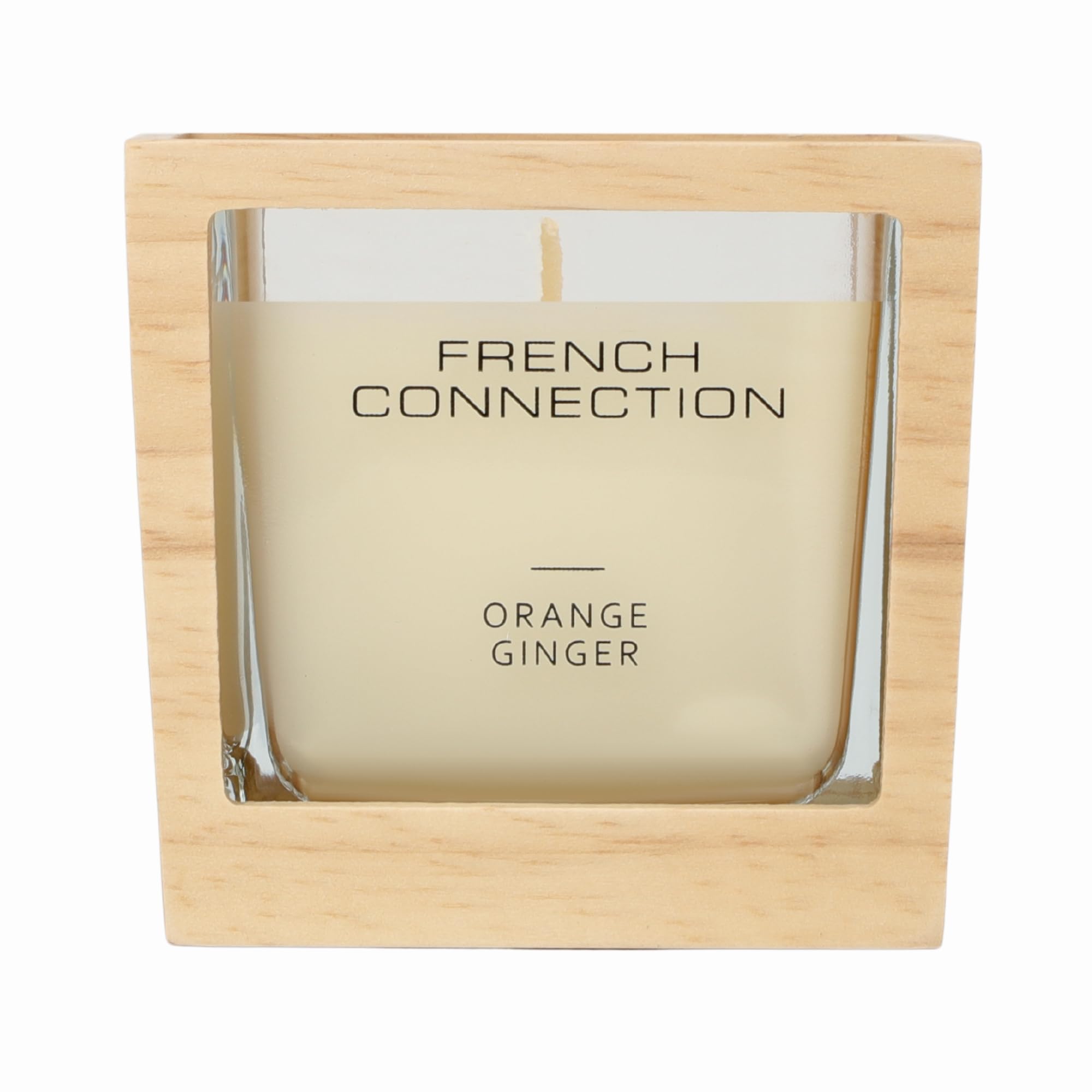 French Connection Wooden Surround Scented Candle Collection | Elegant Reusable Holder | Long-Lasting Burn Time | Candles Gift (Medium - 220G, Lemongrass & Ginger) (Orange Ginger)
