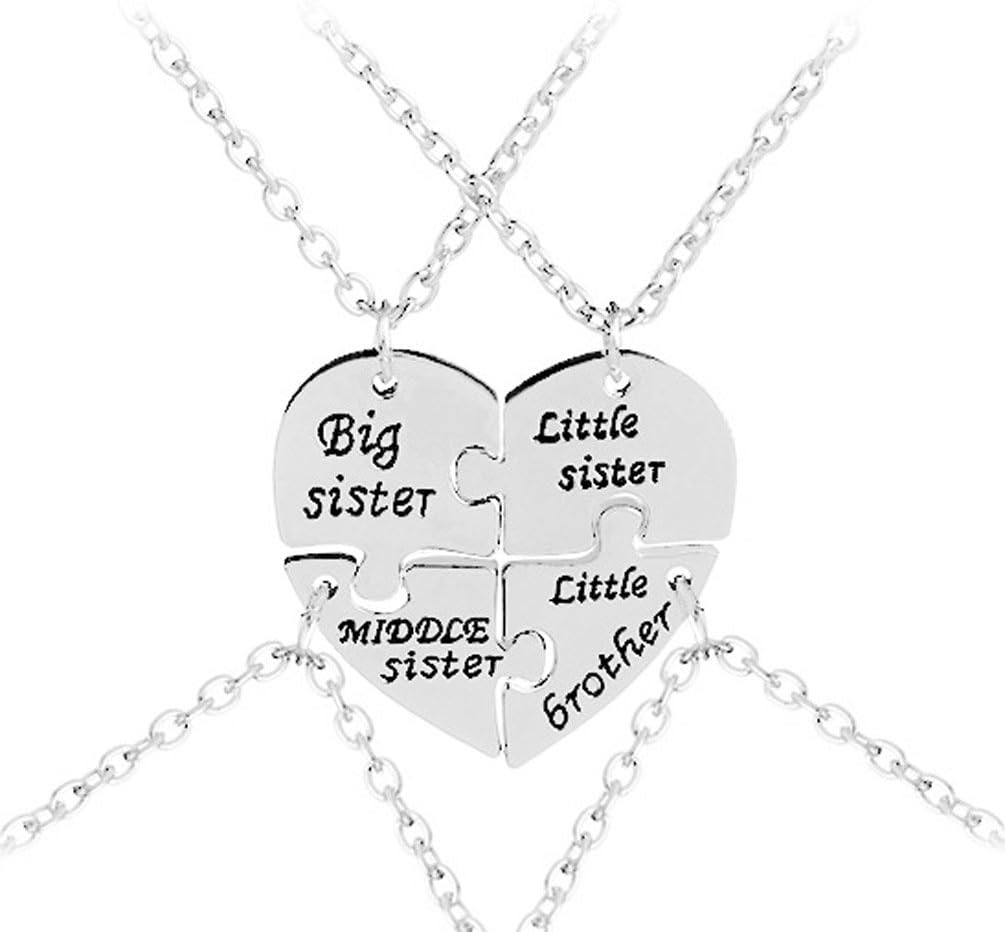 Big Sister & Little Sister Puzzle Heart Pendant Necklace Set for 4