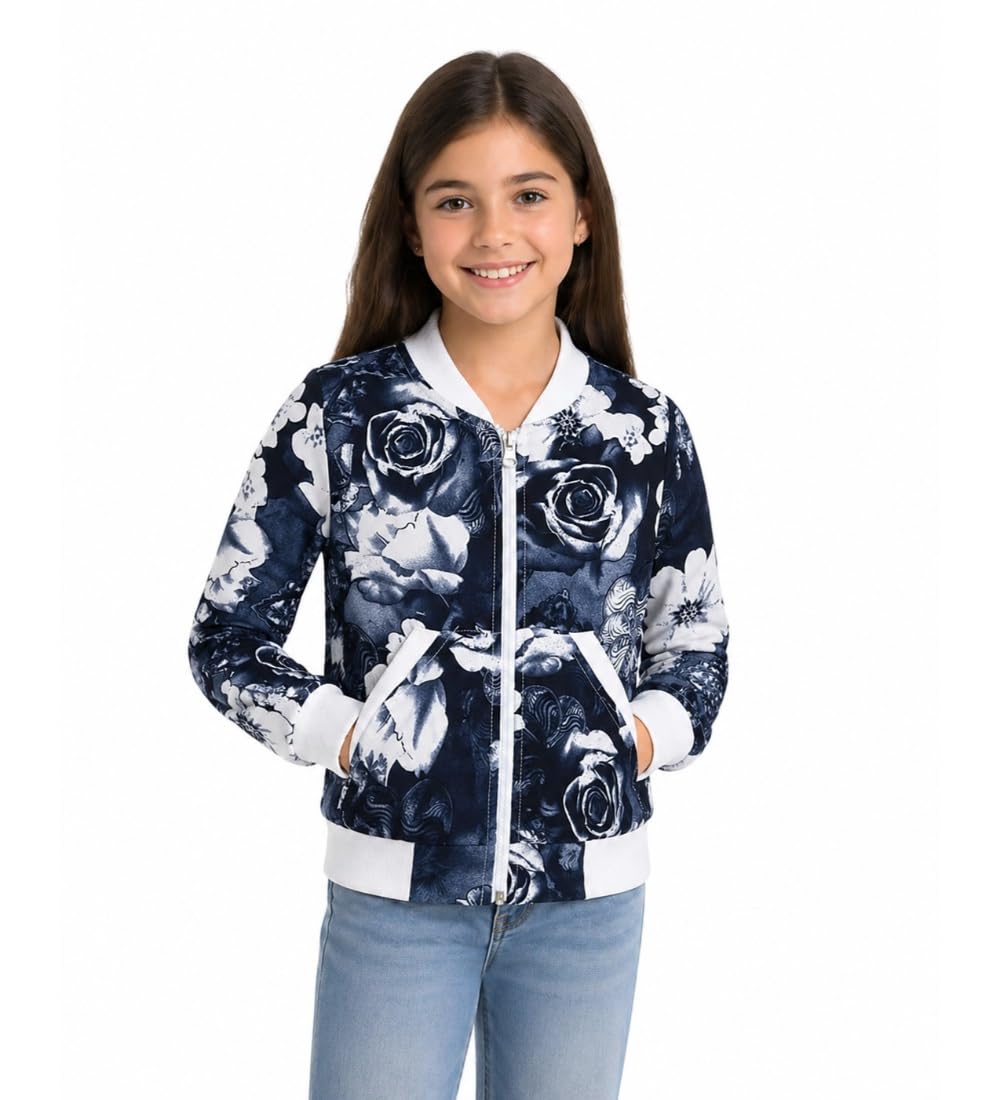 Girl's Polyester Printed Long Sleeves Bomber Jacket (White-Blue, 8-9-Yrs)-PID66053-image-1