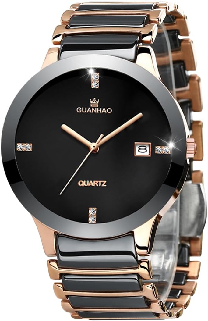 GUANHAO Ceramic Men Watches, Black Chronograph Dial, Dress Quartz Luminous Calendar Wristwatches for Men, Ceramic Band