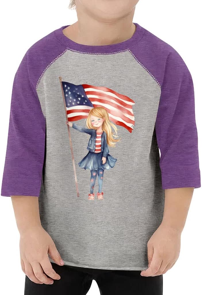 Cute Flag Toddler Baseball T-Shirt - Patriotic 3/4 Sleeve T-Shirt - Kawaii Kids' Baseball Tee