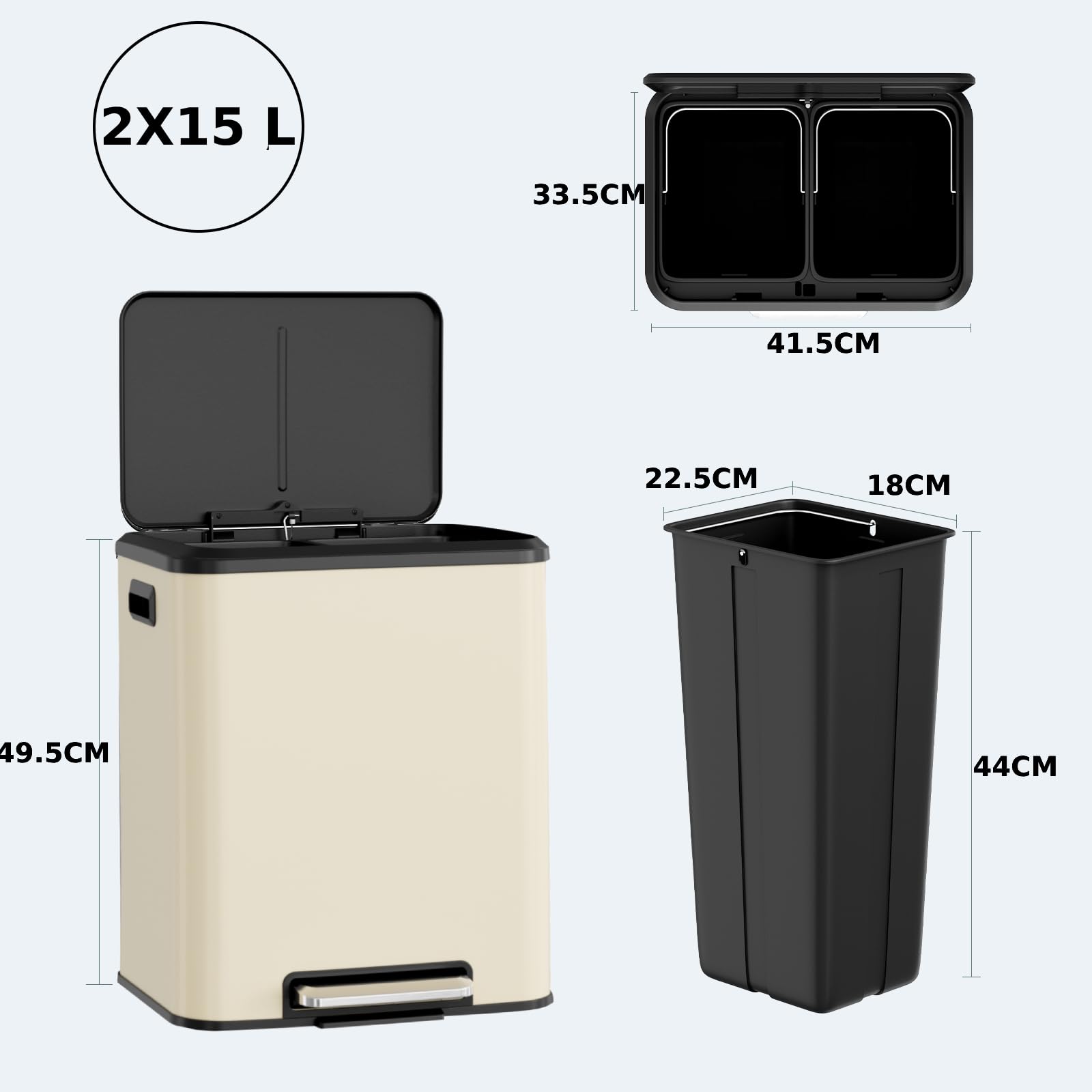 Clevich Cubo de basura para cocina, 2 x 15 l, sistema de separación de