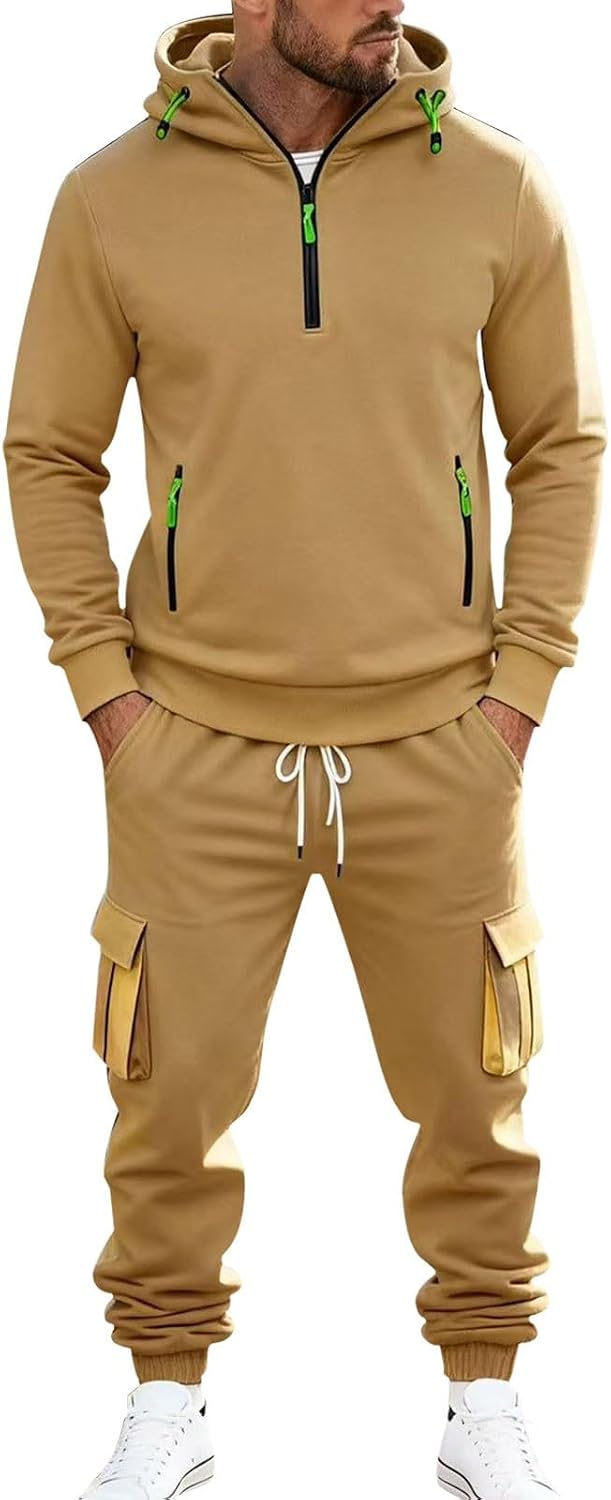 HJINGSUN Men Jogging Suits Sets 1/4 Zip Cargo Hoodie Jogger 2 Piece Outfits