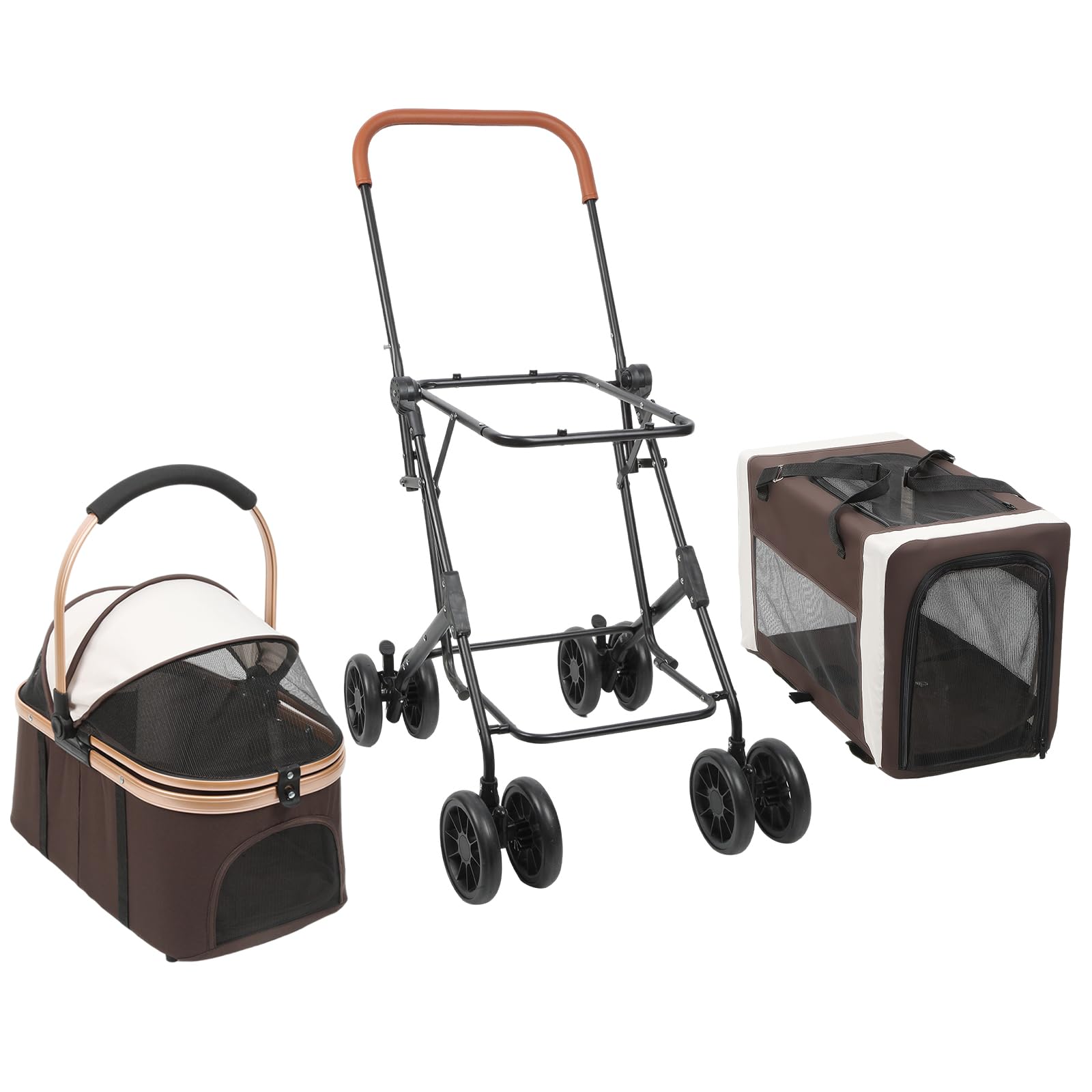 Faltbarer Transportwagen für zwei Tiere bis zu 15 kg pro Tier Transportbox Transporttasche Hundekäfig 4 stoßdämpfende Räder (Braun)