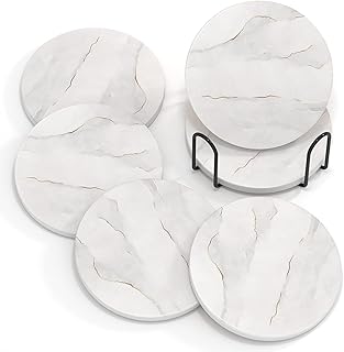 Drink Coasters with Holder, Absorbent Drink Coasters Set 6 Pcs, Marble Ceramic Agate Drink Coaster Cork Base Cup Coaster for Coffee Table, Home Decor, Housewarming Gift for Women, Marble Style