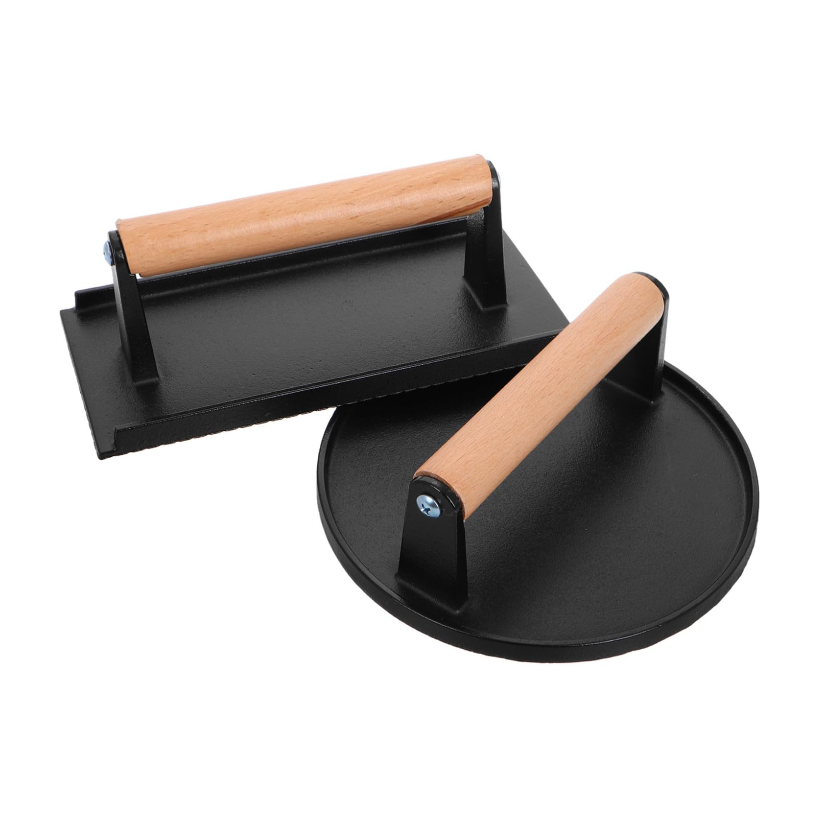 2 Prensas para Barbacoa de Hierro Fundido con Mango de Madera, Prensa para Hamburguesas y Alimentos, Formas Redonda y Rectangular, Alta Resistencia para Cocina