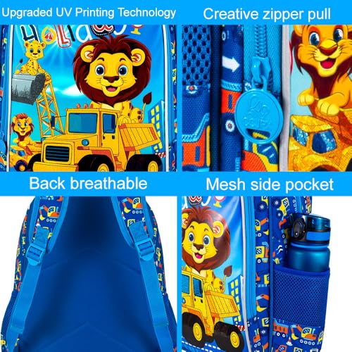 Image of 16 inch Kids Backpack for Boys, 3Pcs Excavator Bookbag Set for Elementary Preschool Kindergarten, Lion School Backpacks with Lunch Box(Blue)
