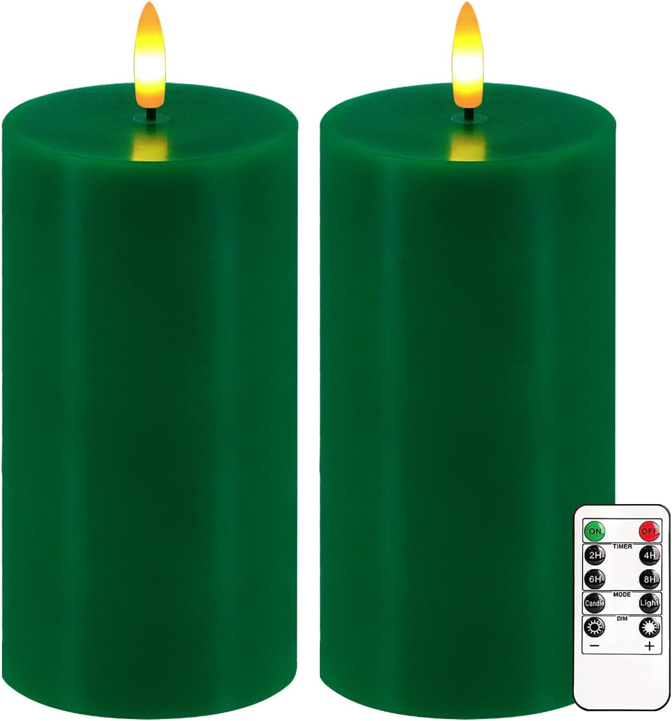 Green Flameless Candles, Set of 2 7"x3" Flickering LED Candles with Remote & Timer, Dimmable Electric Pillar Candles Battery Operated, Candles Light for Home St. Patrick's Christmas Decor (Green)