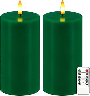 Green Flameless Candles, Set of 2 7"x3" Flickering LED Candles with Remote & Timer, Dimmable Electric Pillar Candles Battery Operated, Candles Light for Home St. Patrick's Christmas Decor (Green)