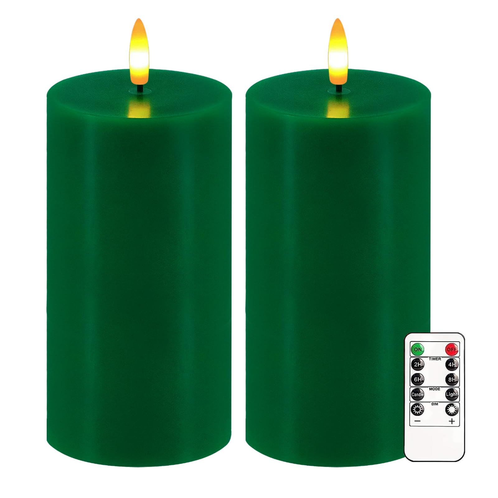 Green Flameless Candles, Set of 2 7"x3" Flickering LED Candles with Remote & Timer, Dimmable Electric Pillar Candles Battery Operated, Candles Light