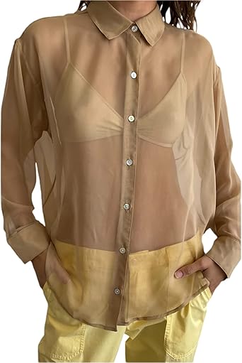 Women Sheer Button Up Blouse See Through Long Sleeve V Neck Lapel Collar  Loose Oversized Mesh Shirt Blouse Top (Black, M) at Amazon Women's Clothing  store