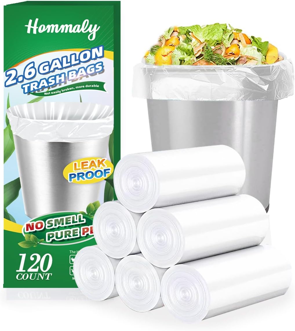 Hommaly 2.6 Gallon 120 pcs Small Clear Trash Bags, Strong 2.5 Gallon Garbage Bags, Bathroom Trash Can Bin Liners Unscented, Mini Plastic Bags for Office, Waste Basket Liner, Fit 6-10 Liters, 2-2.6 Gal 2.6Gal Clear-90