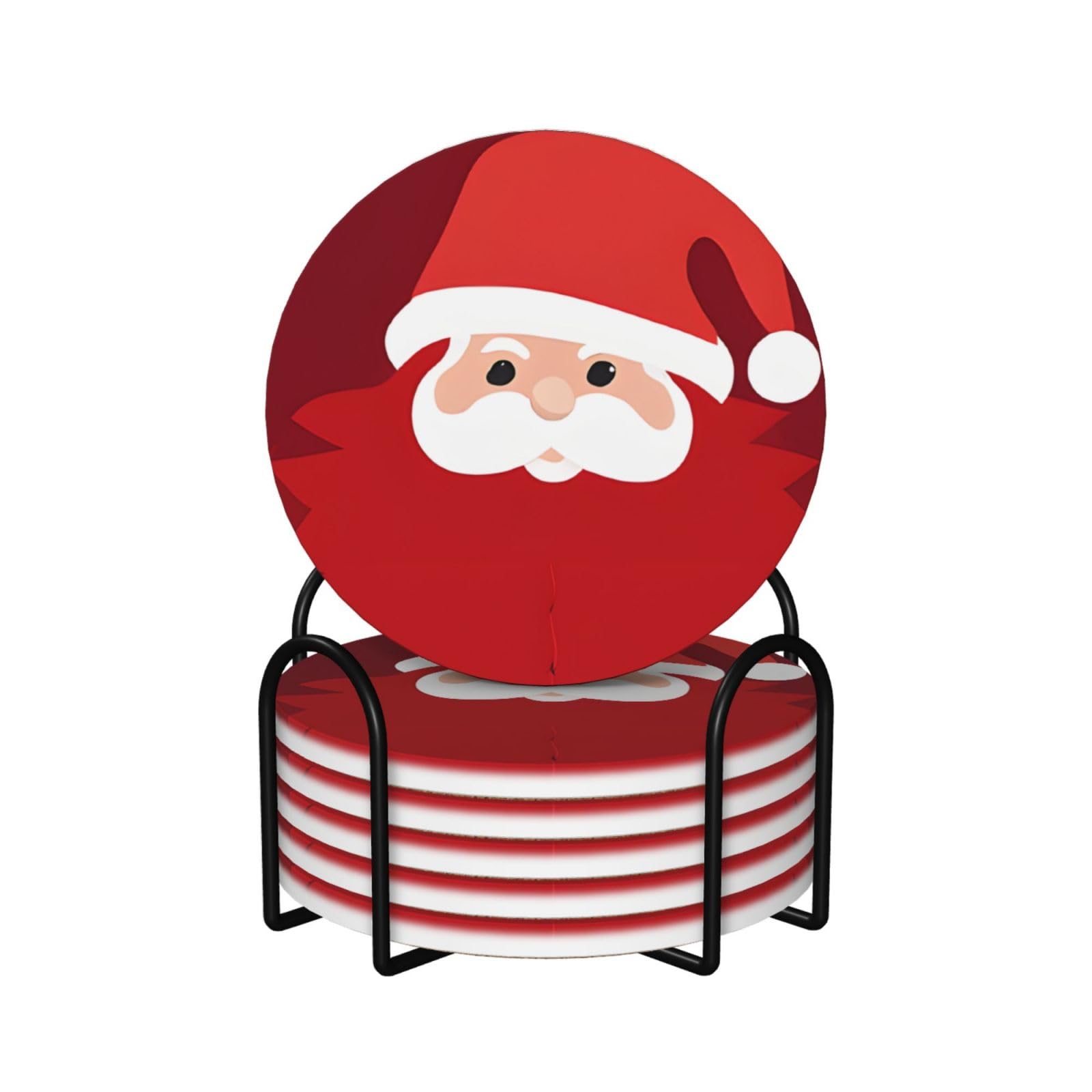 (Santa Claus) Ceramic Coasters Set Of 6 Round Shape Absorbent Drink Coasters With Holder For Home Office Bar Restaurant