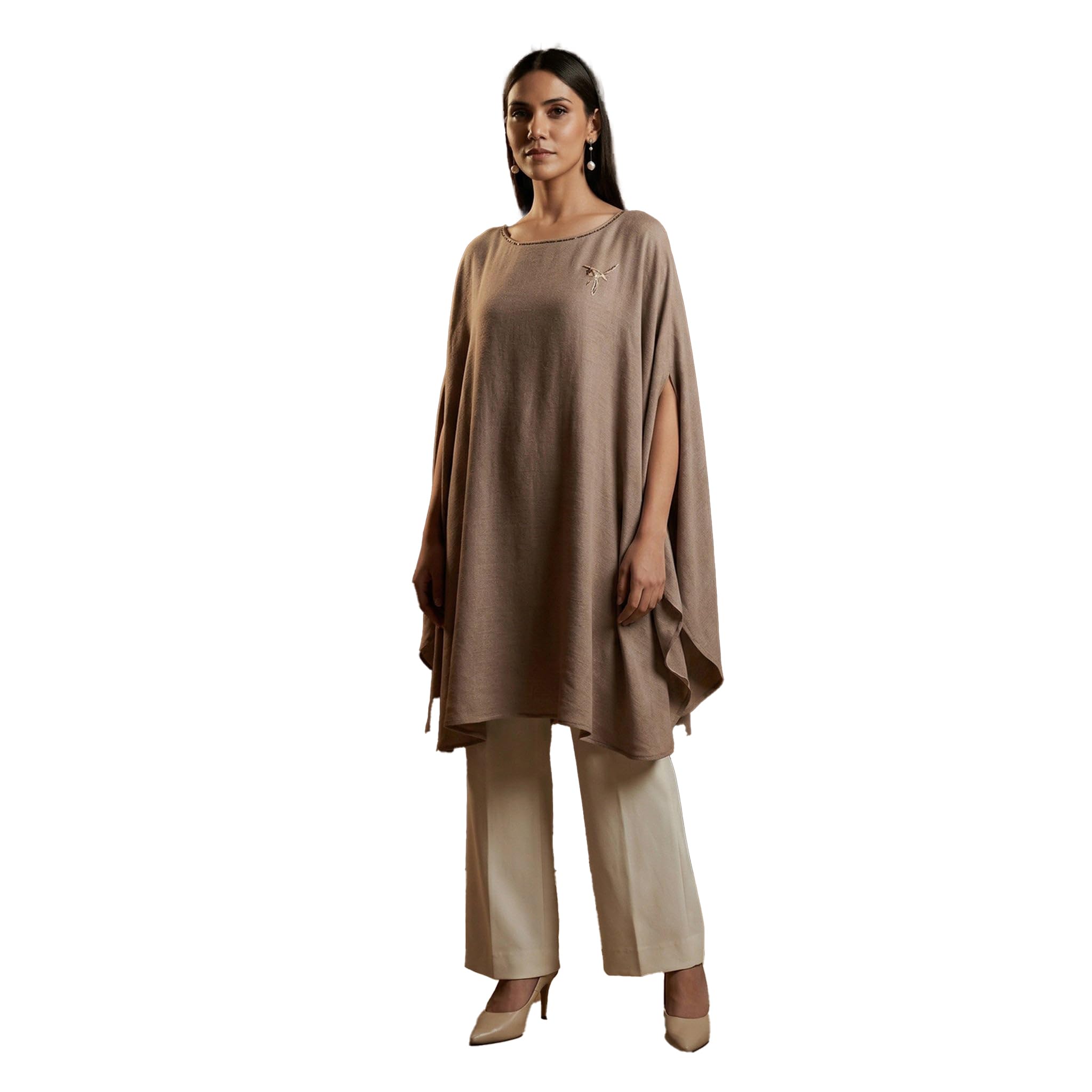 first resort Taupe Embellished Long Cashmere Poncho - Top for Women by Ramola Bachchan-picture-20