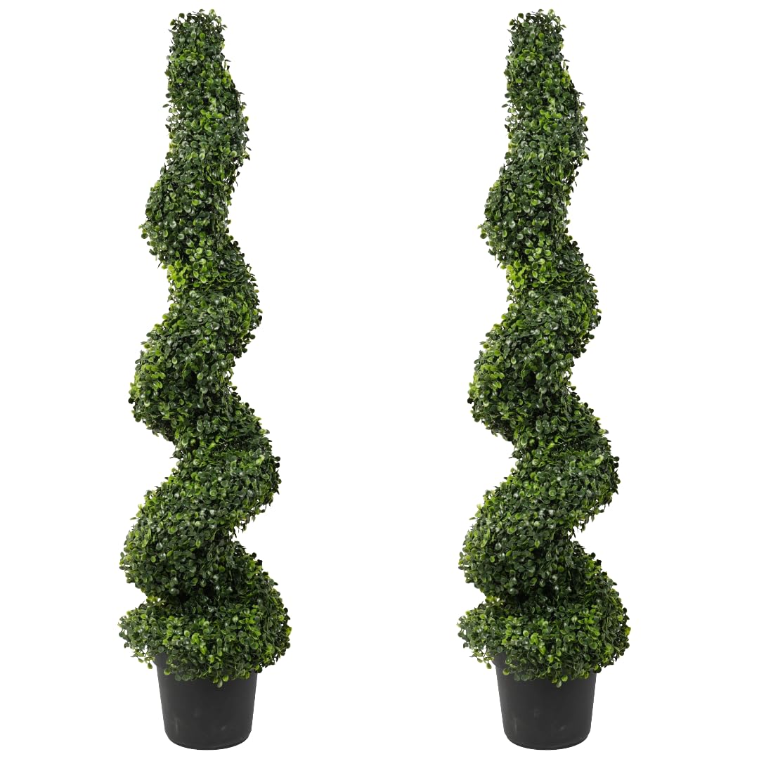 Best Artificial Pair of 120cm 4ft Boxwood Buxus Topiary Spiral Trees Professional Quality **UV Fade Protected**