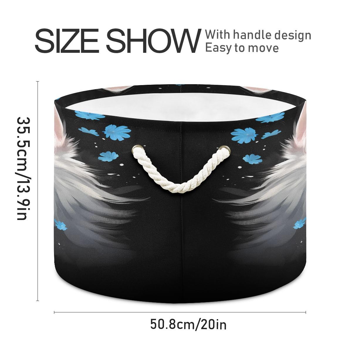 Round Storage Basket White Cat with Little Blue Flowers Open Home Storage Bin 20 * 13.9in