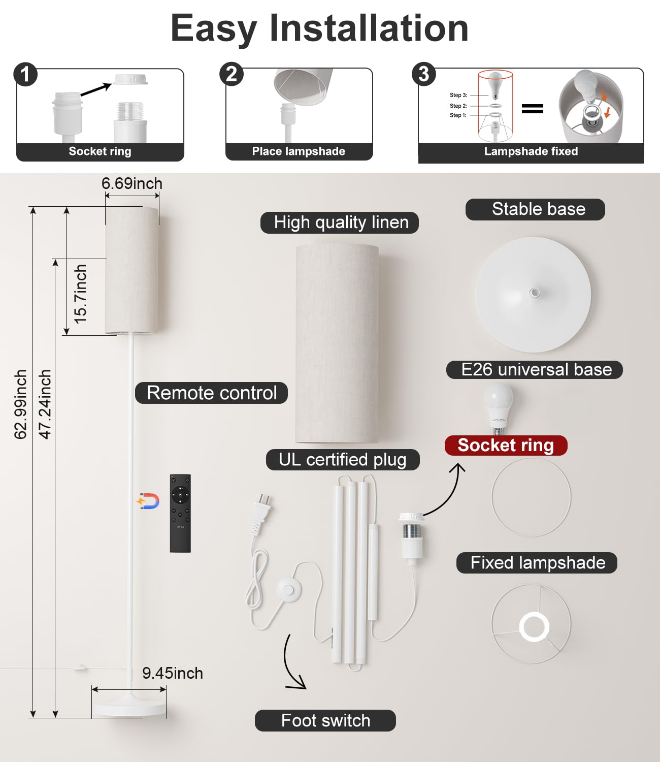 luckystyle LED Floor Lamp for Living Room, Dimmable Standing Lamps with Foot Switch,Remote Custom Color Temperature White Pole Lamp with Lampshade,12W Led Bulb Tall Lamps for Bedroom Office Kid Room