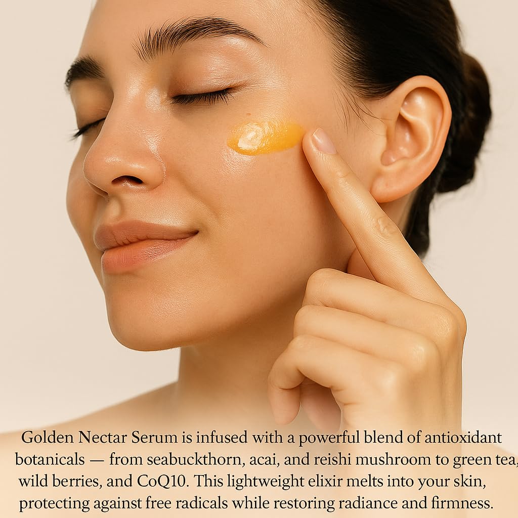 Golden Nectar Serum, Organic Antioxidant Face Serum with Vitamin C, Hyaluronic Acid, CoQ10, Seabuckthorn, Rosehip, 1 oz - Image 3
