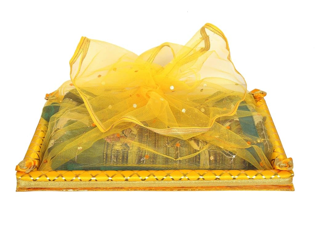 MDF Decorative Gift Tray with Net Band | Cardboard Hamper Box for Diwali, Navratri Festive Gifting | Packing Box for Saree, Sweets, Return Gift, Festival Packing | 18 x 14 inch-image-46