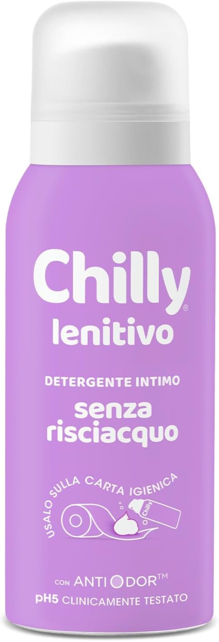 Chilly Senza Risciacquo, Detergente Intimo Senza Risciacquo Lenitivo, Da usare sulla Carta Igienica, Sollievo da piccoli fastidi, Formula in Mousse a pH5, Con Anti-Odor, Clinicamente Testato - 100ml