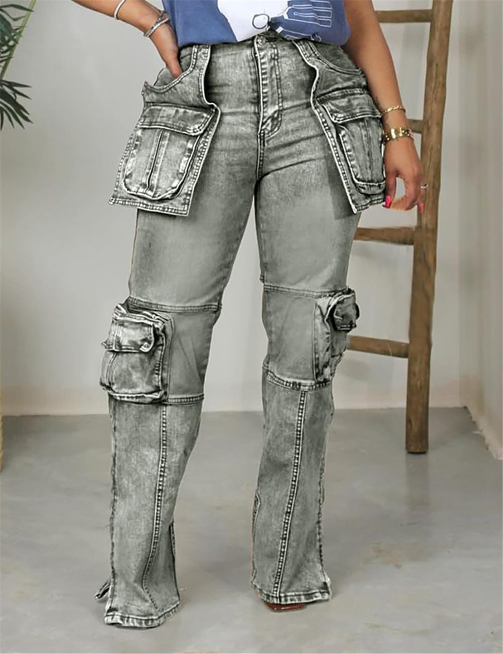 Women Baggy Denim Cargo Straight Leg Jeans with Pockets All Over - Image 5