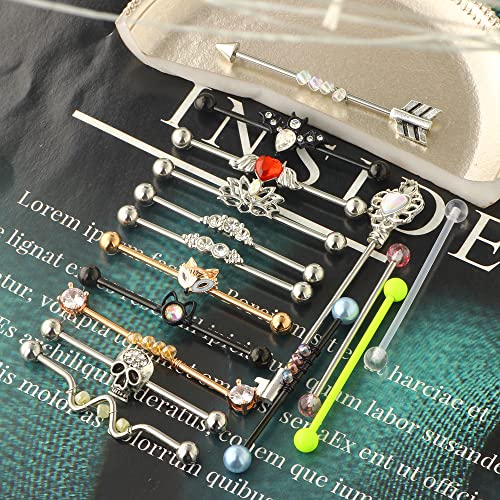 Suotarn 14G Industrial Barbell Earrings Stainless Steel Long Cartilage Helix Conch Body Piercing Jewelry 7-18Pcs (Set #2) #TOP2