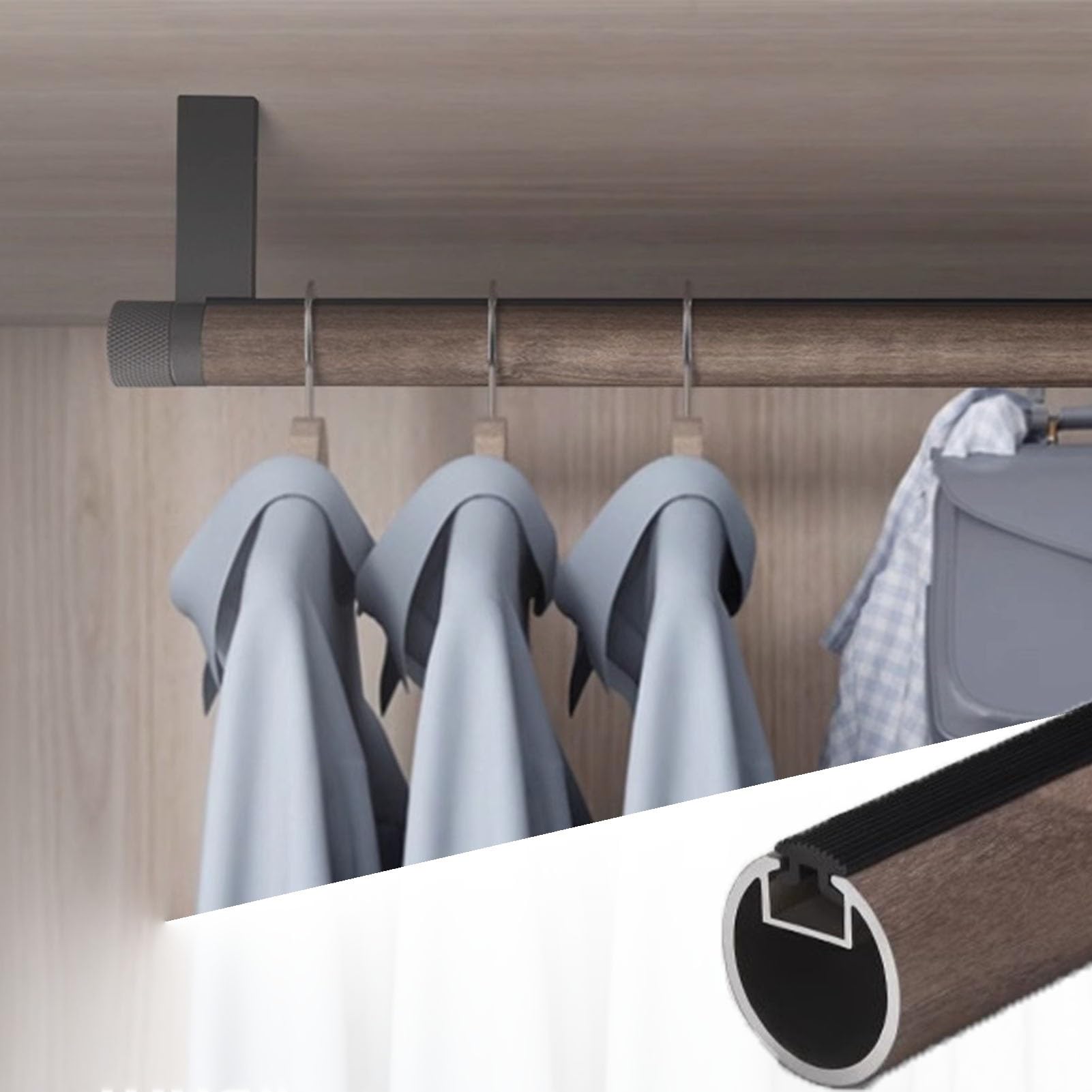 wardrobe rail Round Heavy-Duty Closet Hanging Rod Wood Grain, Wardrobe Clothes Organizer Pole Aluminum Alloy(Color D,130cm(51 1/8 in))