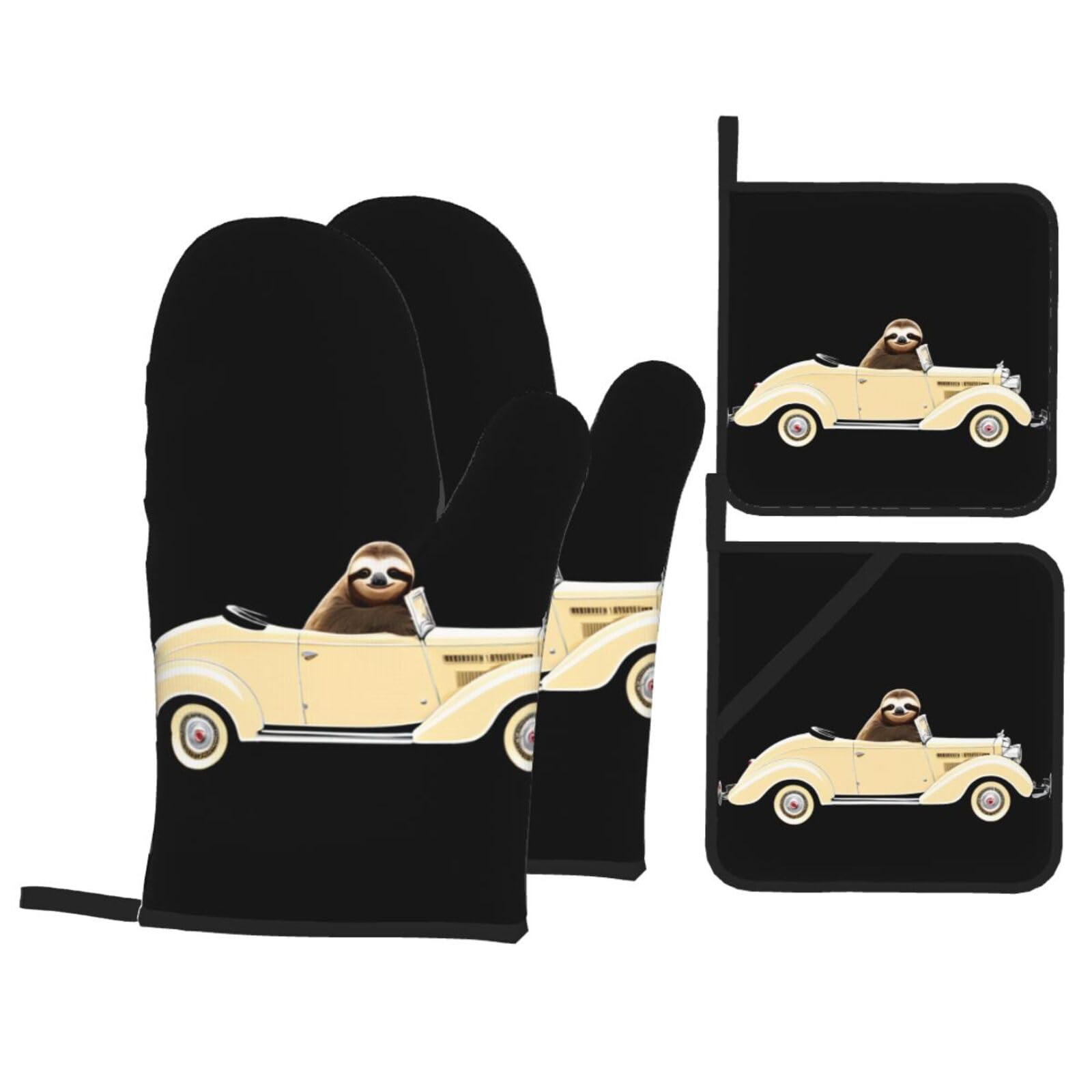 YYHWHJDE Sloth on The car Printed Kitchen Baking Set of 4 Thick Insulated Oven Mitt & Pot Holders, Anti-Scalding for Microwave, Oven, Outdoor BBQ