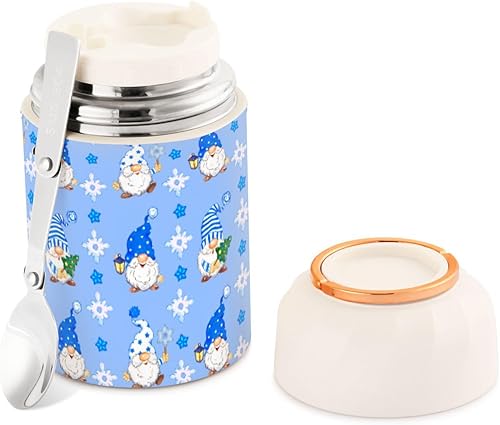 Miniatura 1 de MCHIVER Blue Christmas Gnomes Food Jar with Spoon Stainless Steel Vacuum Insulated Food Container 17 oz Thermos for Adults
