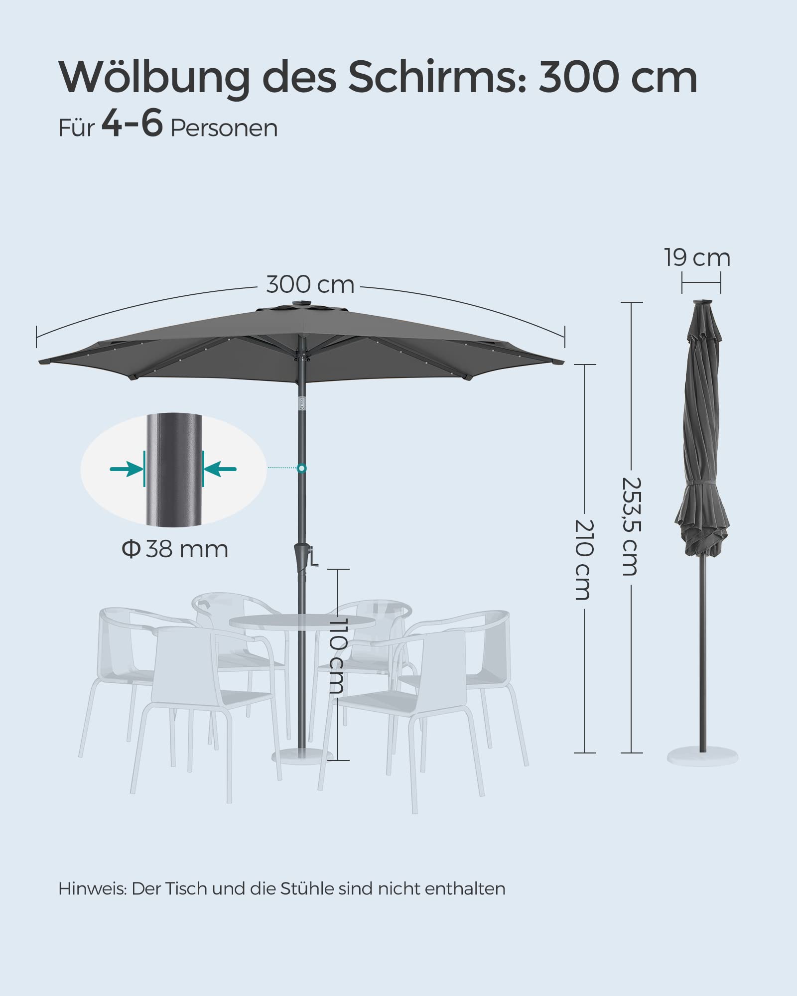SONGMICS Sonnenschirm 300 cm mit LED-Solar-Beleuchtung, 32 LED-Lämpchen, UV-Schutz UPF 50+, beidseitig um 30° knickbar, für Garten, Terrasse, Pool, Balkon, ohne Ständer, grau GPU33GY