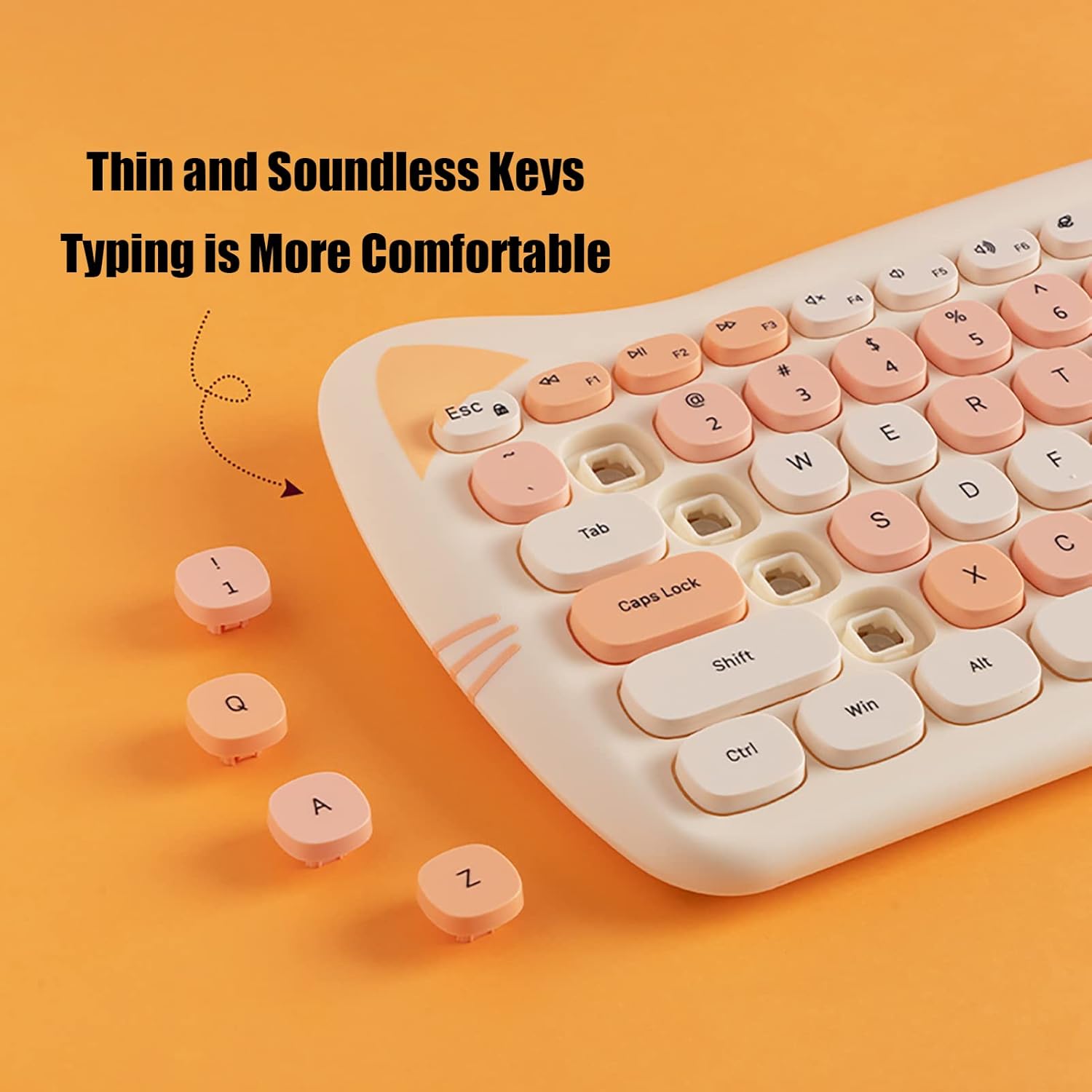 Cute Cat 2.4G USB Wireless Keyboard and Mouse Combo, Silent Keys, Candy Colors, Compatible with Notebook, PC (MilkTea-84Keys)