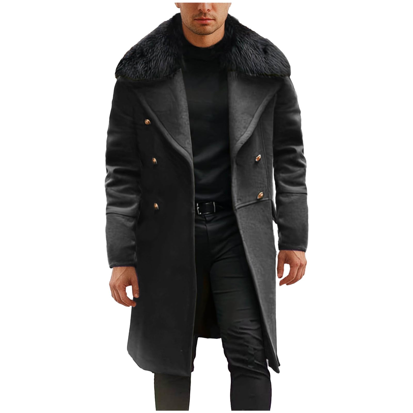 SYDUZAX Cappotto Invernale Uomo Foderato Pile Elegante Lungo con Bottoni in Tinta Unita Collo in Pelliccia Tasche Casual Caldo Confortevole