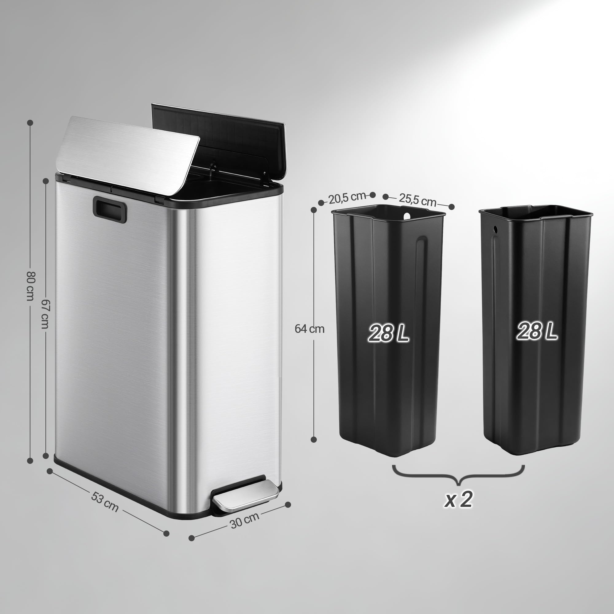 Hzuaneri Mülleimer Küche, 2 x 28 Liter Mülleimer Schmal, Mülltrennsystem mit Herausnehmbarem Inneneimer, Inklusive 15 Spezial-Müllbeuteln, Silber SW22899E
