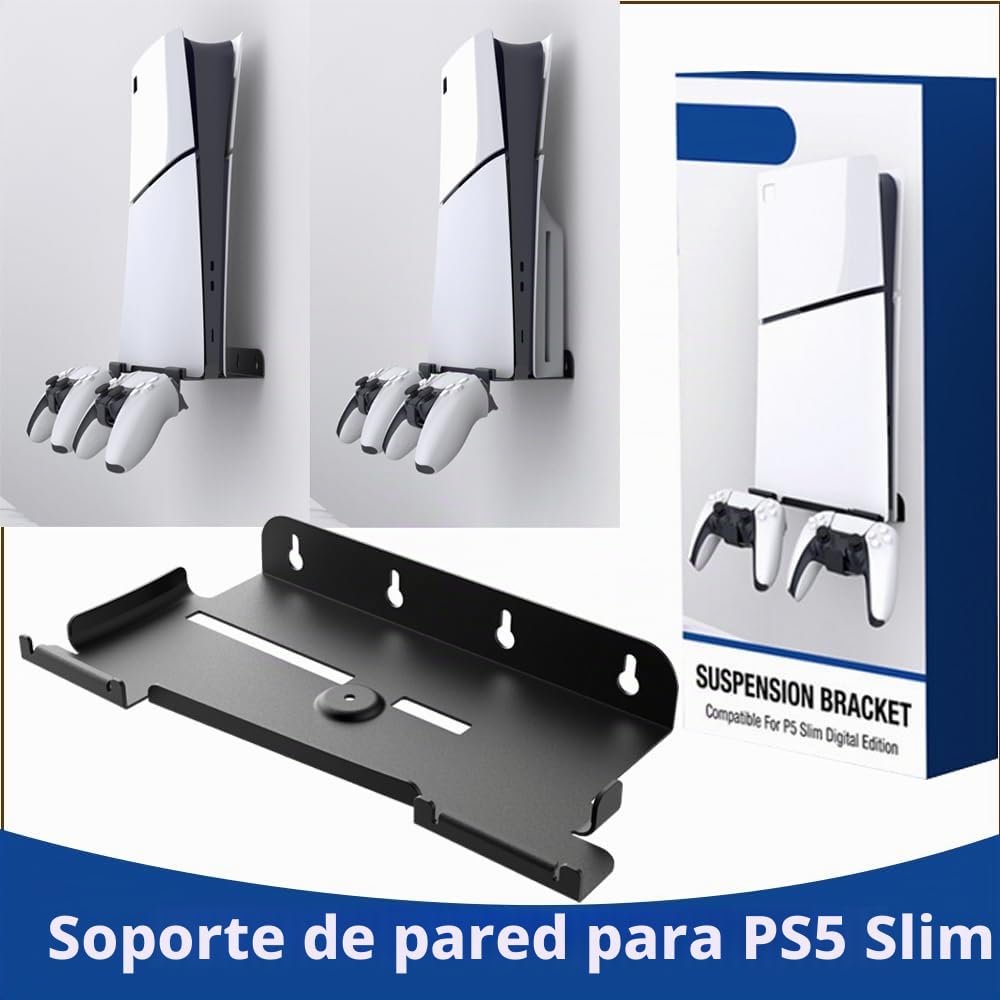 Soporte de Pared para PS5/PS5 Slim (Disco y Digital) Con 2 Soportes de Controlador, Acero Compatible Con Consola PS5
