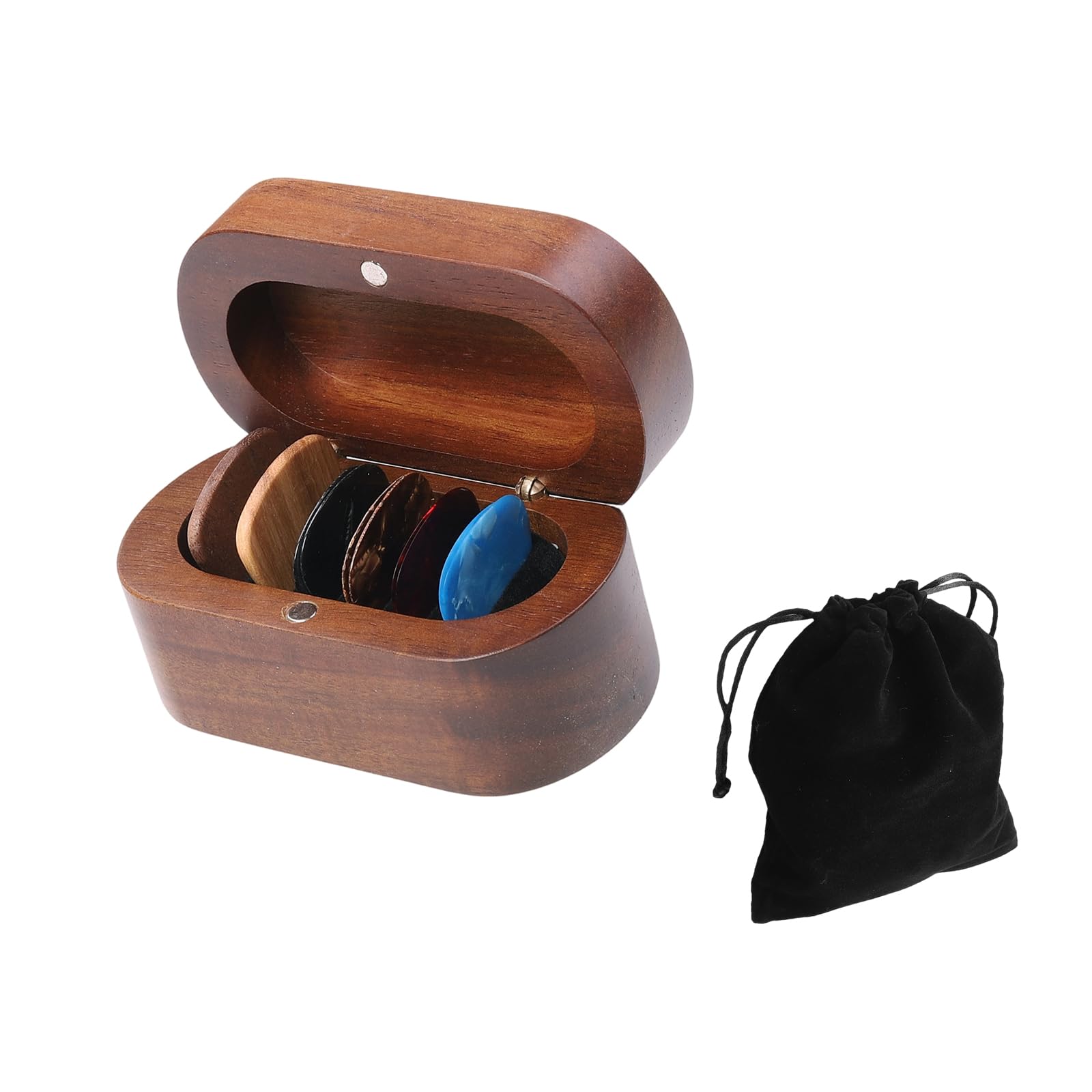 our fave Multifunctional Guitar Pick Box Desktop Wood Guitar Pick Organizers with Carry Pouches and 10Pcs Picks for Decoration Wood Holder