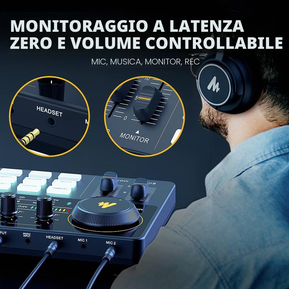 Pacchetto per podcast, MAONO Interfaccia audio all-in-one Studio di produzione di podcast con microfono a diaframma largo da 25 mm per streaming live, registrazione, PC, smartphone (AU-AM200-S6)