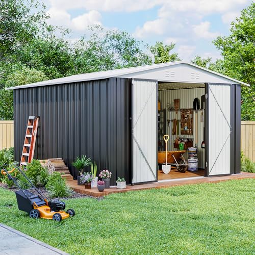 Image of AirWire 10x12 FT Outdoor Storage Shed, Metal Garden Shed with Updated Frame Structure and Lockable Doors, Heavy Duty Weatherproof Tool Sheds for Backyard Garden Patio Lawn, White