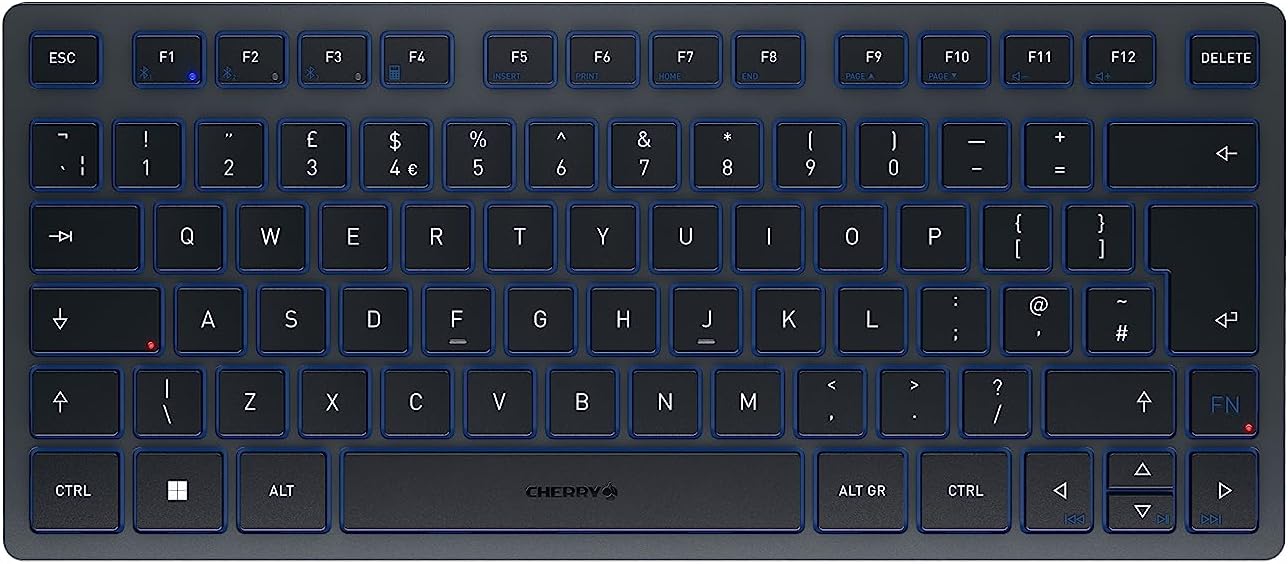 KW 7100 MINI BT, Tastiera Multidispositivo Compatta con 3 Canali Bluetooth, Layout per il Regno Unito (QWERTY), Design Piatto, con Custodia di Trasporto, Slate Blue