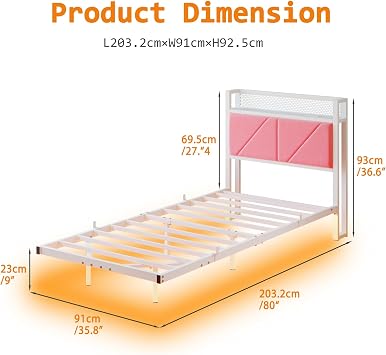 Floating Single Bed Frame, 3ft Upholstered Storage Headboard, Pink