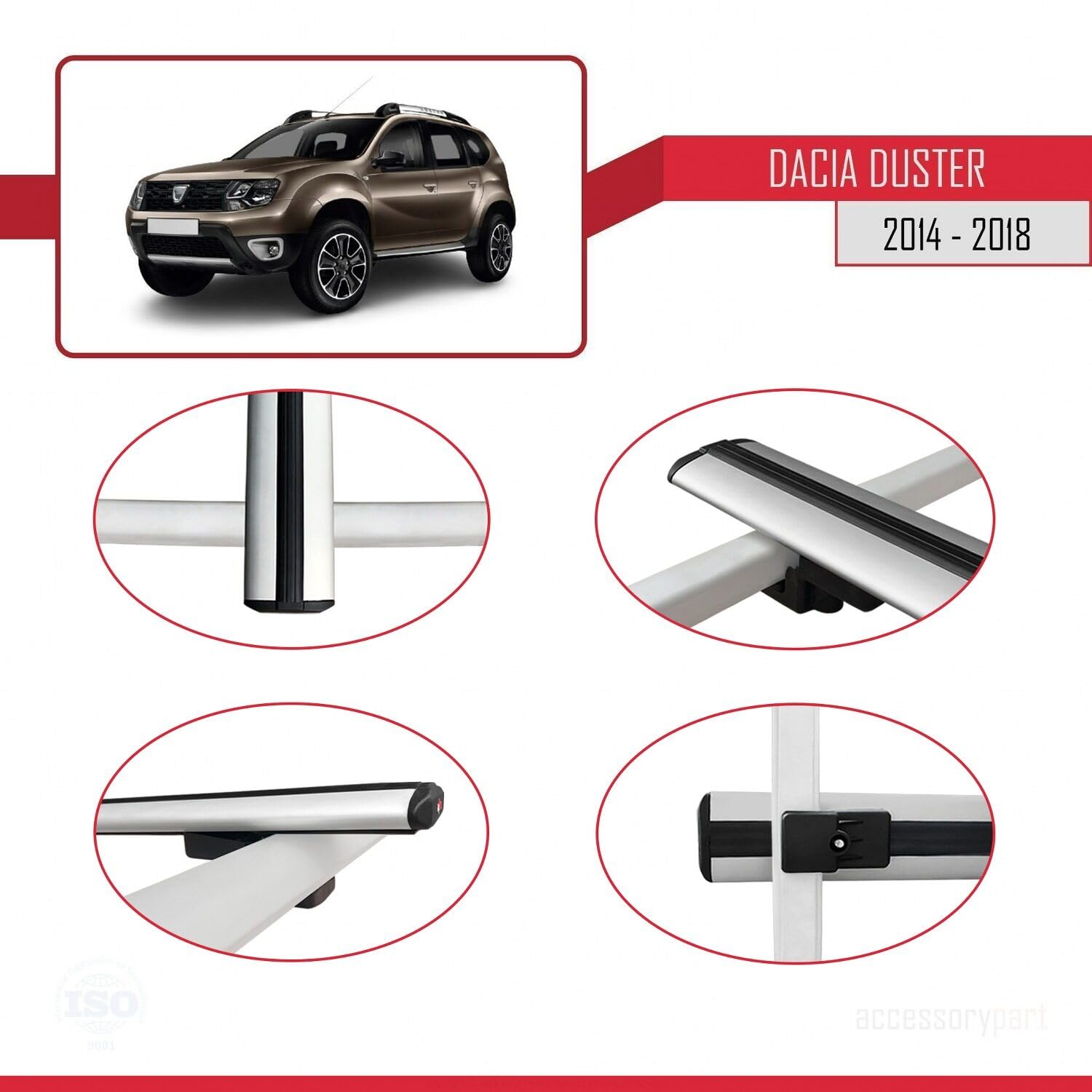Kompatybilny z Compatible with Dacia Duster (HS) Post-Facelift 2014-2017 BASIC Model Aluminiowy bagażnik dachowy 3 poprzeczki, szary
