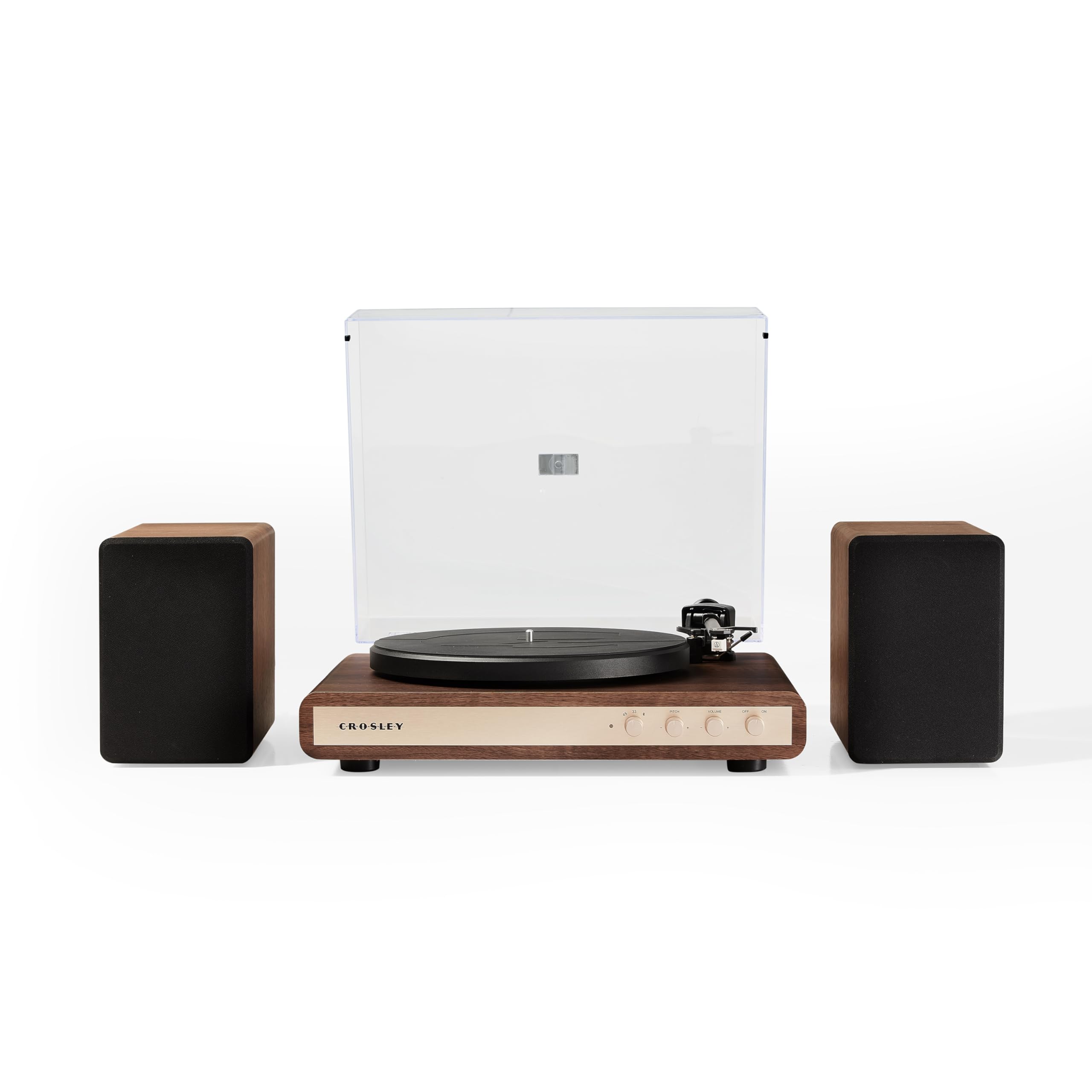 Crosley Tocadiscos C65 con Altavoces, Tocadiscos Bluetooth con Altavoces de estantería de 50 W, Reproductor de Vinilo de fácil instalación con Cubierta Antipolvo, Sistema de Estante para Tocadiscos