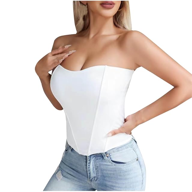 Sinzelimin Womens Boned Overbust Corset Tops Sleeveless V-Neck Tube Tops Tummy Control Corset Crop Top Going Out Y2K