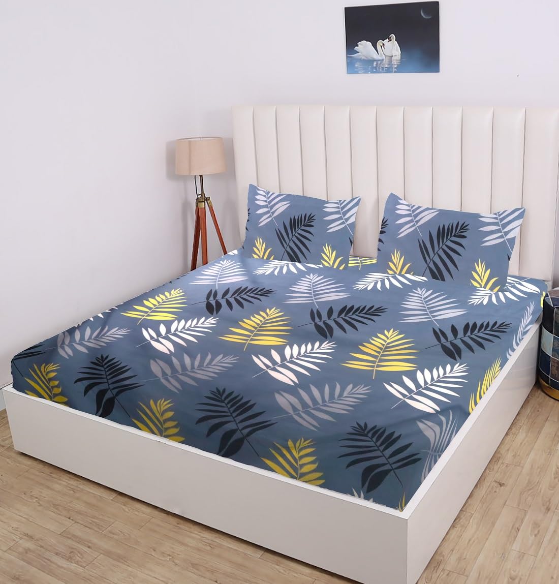 RD TREND® Persents Microfiber 144 TC Queen Size Bedsheet for Double Bed, 360° Elastic Fitted Bedsheet (60 X 72 Inch) with 2 Pillow Cover 18X28 Inches Color-Grey, Pattern-Tree