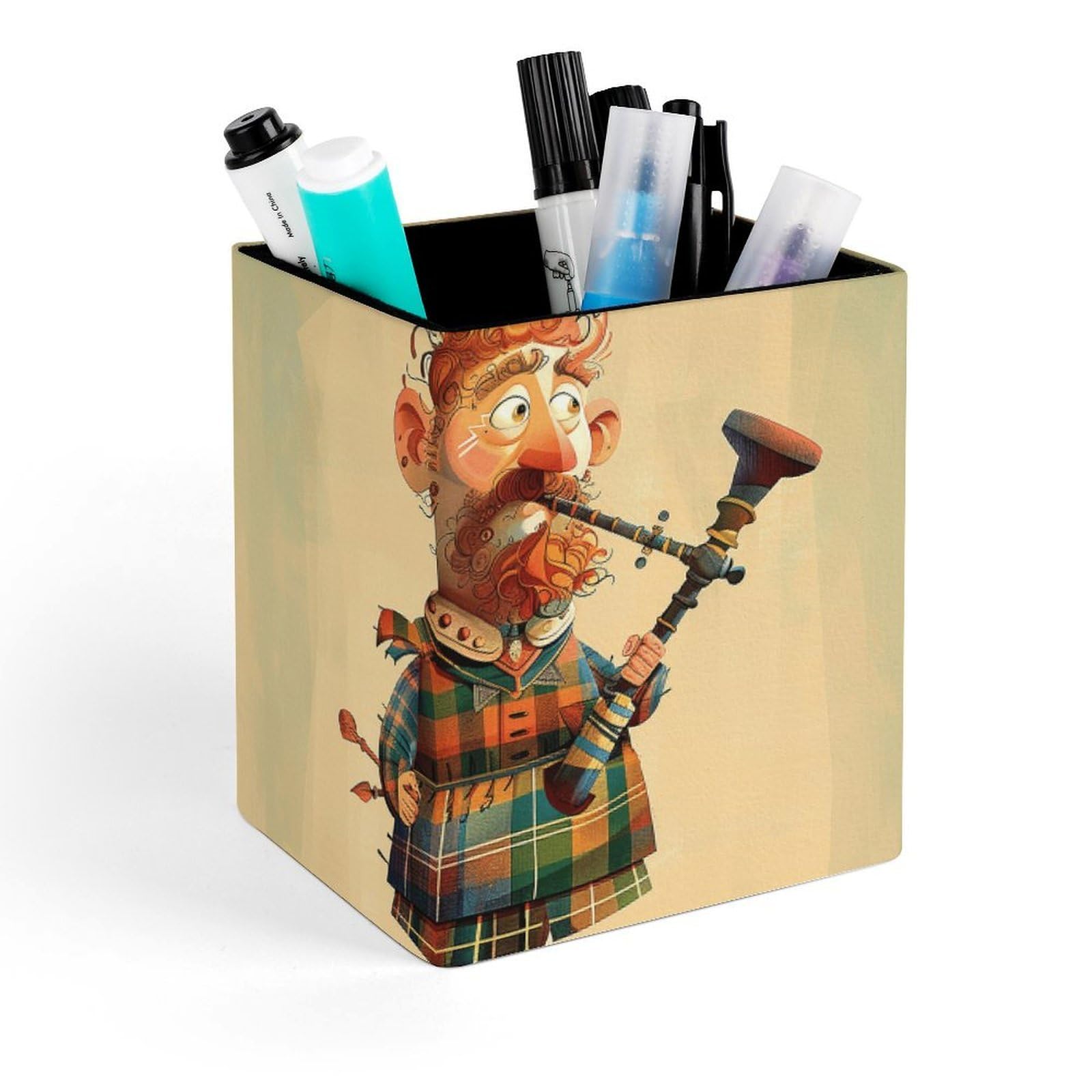 DWVTSLH Aesthetic Pen Holder for Desk - Modern Leather Pencil Holder - Stylish Square Makeup Brush Holder - Cartoon Scottish Bagpipe Pen Cup Cute And Functional Desk Organizer for Office Supplies