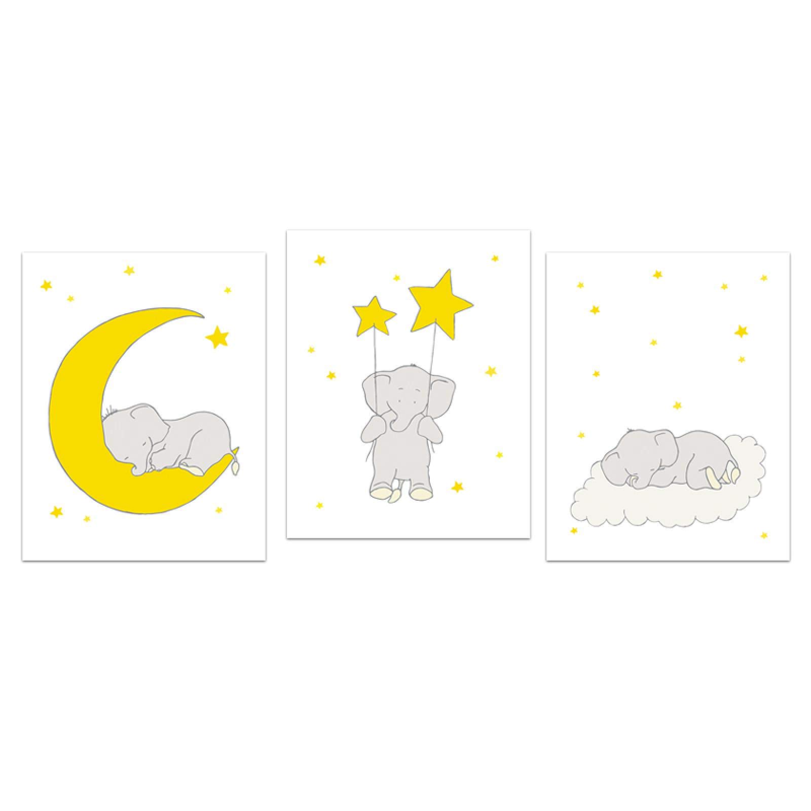 Amarillo bebé elefante luna estrella nube arte de pared lienzo pintura carteles nórdicos e impresiones cuadros de pared para decoración de habitación de niños 40x50cm (16x20in) x3 sin marco