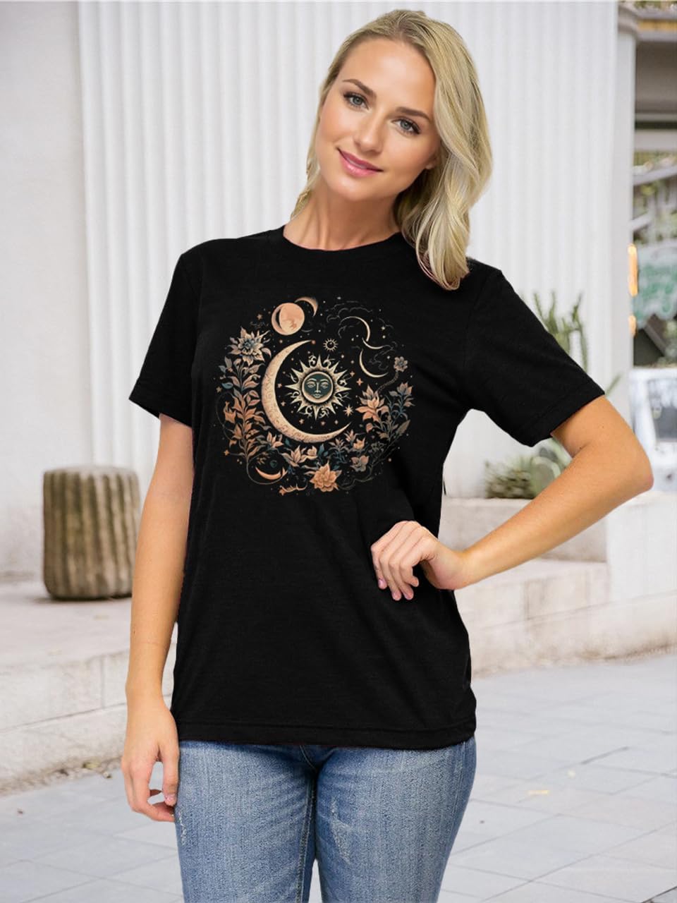Women Mystical Moon and Sun Flower Shirt Vintage Wildflower T Shirts Boho Graphic Tees Short Sleeve Celestial Moon Tops - Image 3