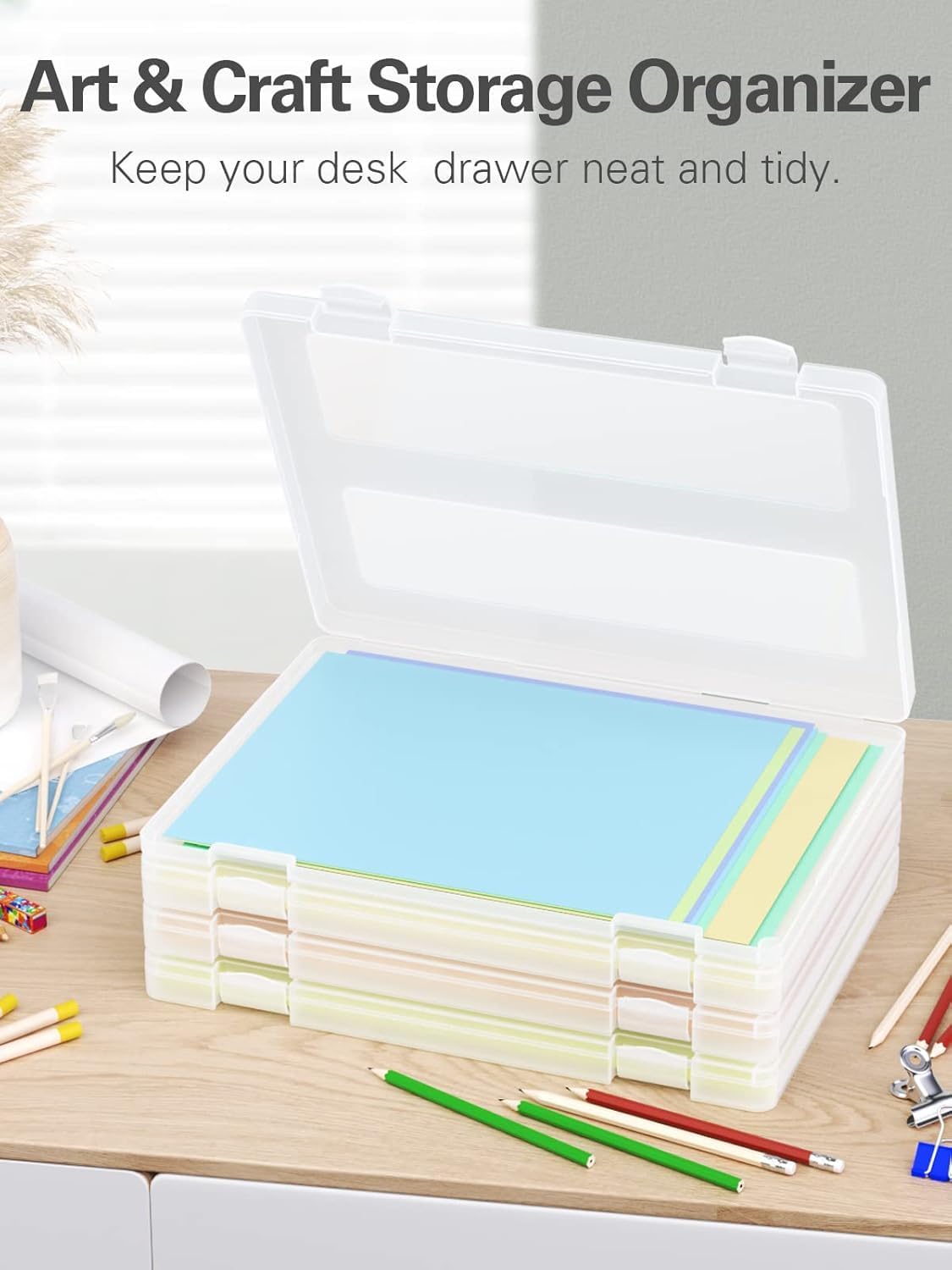 iBune 8-Pack A4 Plastic Paper Organizer Box, Scrapbook Storage for 8.5” x 11” Letter Papers, Portable Document Holder, Board Games Art Supplies Sticker Organizers (2 Inner Size)