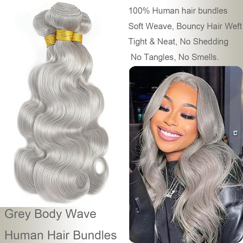 Silver Grey Body Wave Bundles Human Hair 10 12 14 Inch Virgin Human Hair Weave Extension 3 Bundles Brazilian Unprocessed Virgin Soft Quick Weave Hair for Black Women