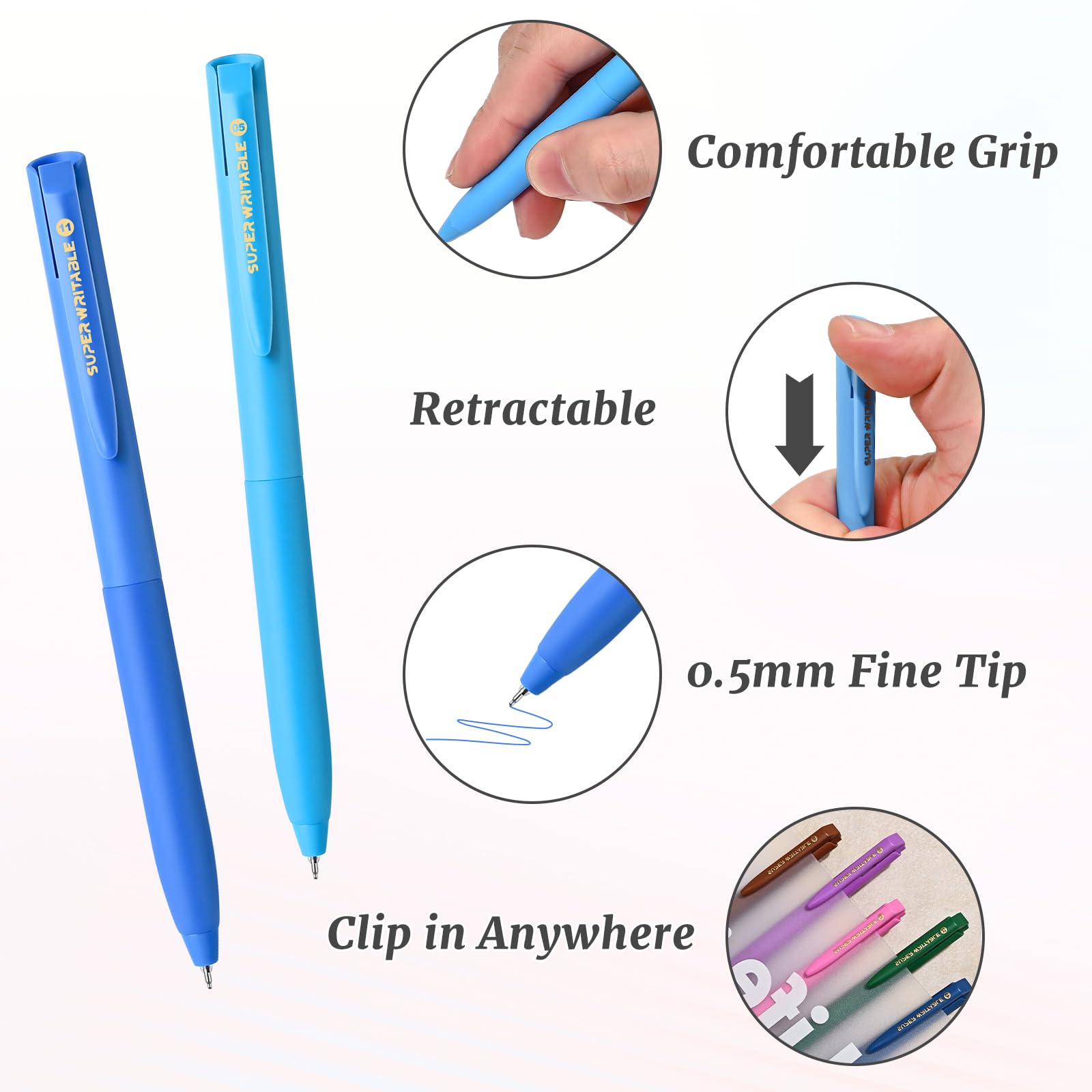 10 bolígrafos de gel de colores surtidos para diario, juego de bolígrafos de punta fina de 0.5 mm, retráctiles, tinta de colores de escritura suave de secado rápido, suministros estéticos de